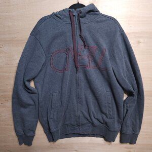 O'Neill Full-Zip Hoodie Mens XL Gray Sweatshirt Red Text Logo Fleece Lined